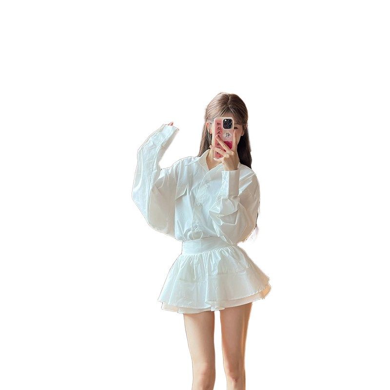 2025春季新款高级氛围感防皱长袖衬衫高腰短裙两件套白色套装女