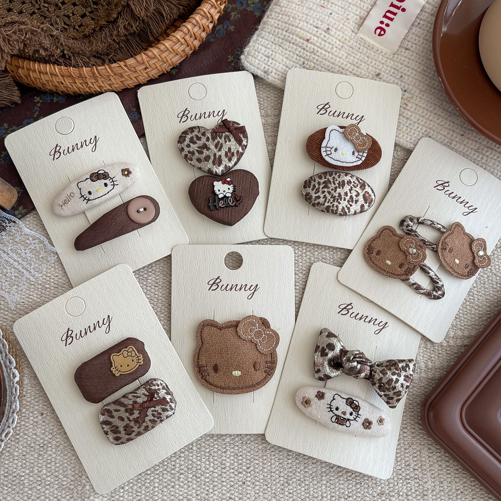 韩系新款豹纹丝绒kt猫儿童发夹甜酷布艺刺绣包夹侧边碎发夹发饰女