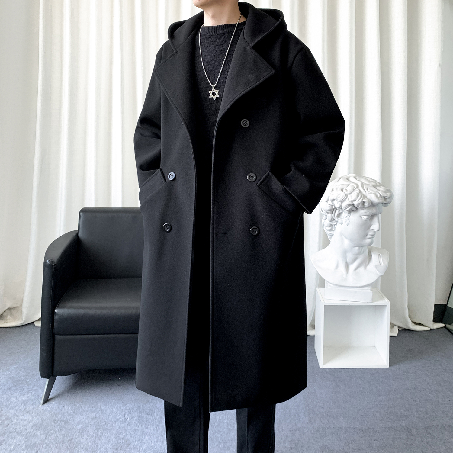 双排扣毛呢大衣男中长款呢子外套