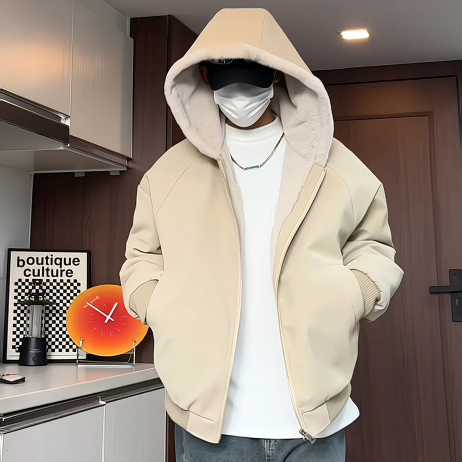 秋冬款连帽美式座山雕加绒棉衣男