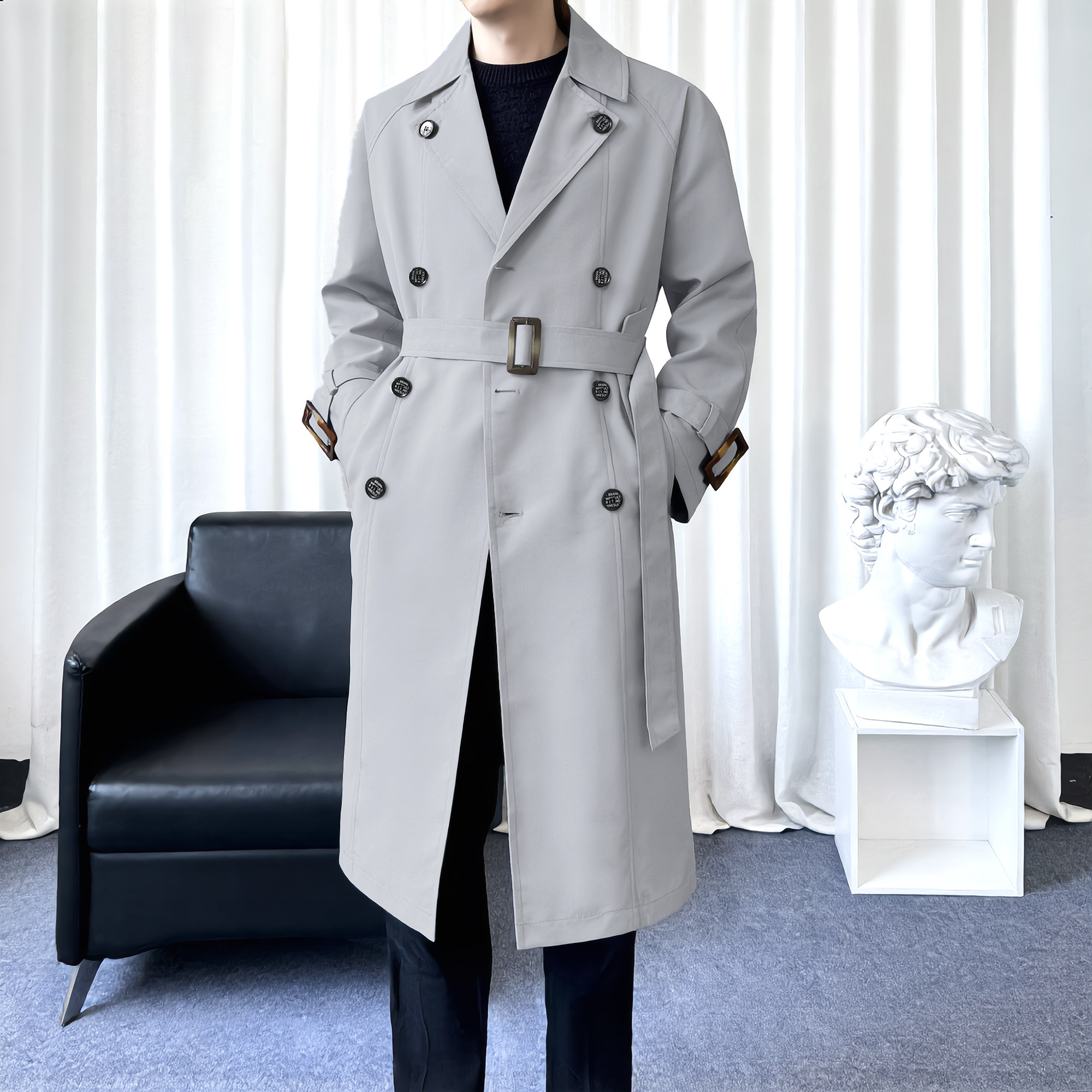 高档双排扣长款过膝风衣男士宽松大码外套中长款翻领上衣拼接男装
