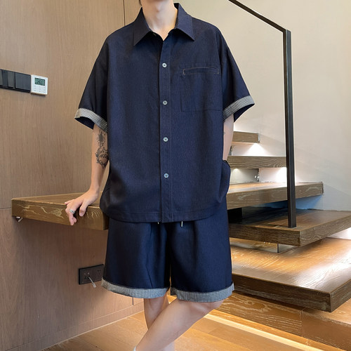复古格子凉感透气男士运动套装潮