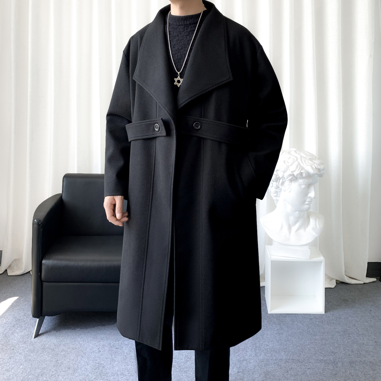 大翻领毛呢大衣过膝腰带呢子外套