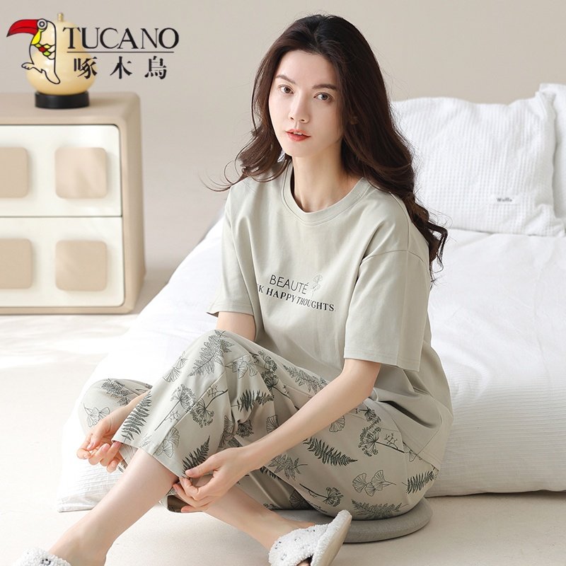 啄木鸟睡衣女款夏季纯棉短袖长裤2025新款全棉女可外穿家居服套装