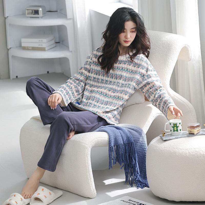 啄木鸟新款睡衣女款春秋季纯棉长袖裤套装秋冬季家居服全棉春秋款