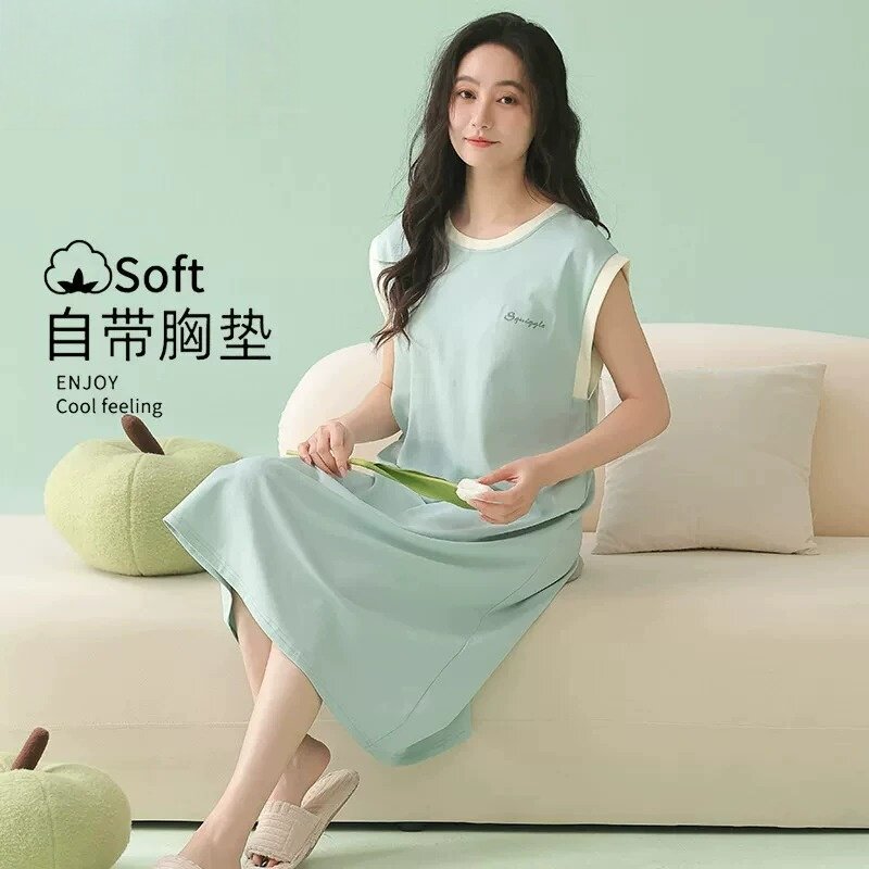 2026新款纯棉无袖睡裙女款夏季带胸垫背心睡衣连衣裙可外穿家居服