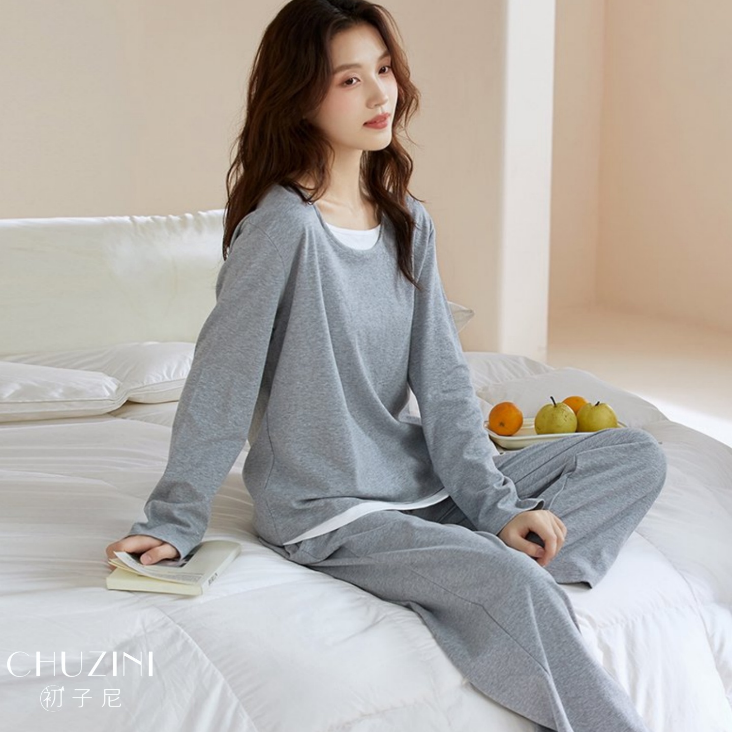 睡衣女春秋季纯棉长袖纯色柔软