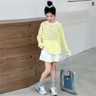 女童夏装套装防蚊长袖薄款罩衫海边度假防晒衣中大儿童短裤两件套