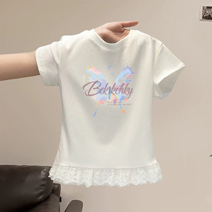 女童超好看韩系上衣夏季装儿童蕾丝花边绝美漂亮纯棉白色短袖t恤