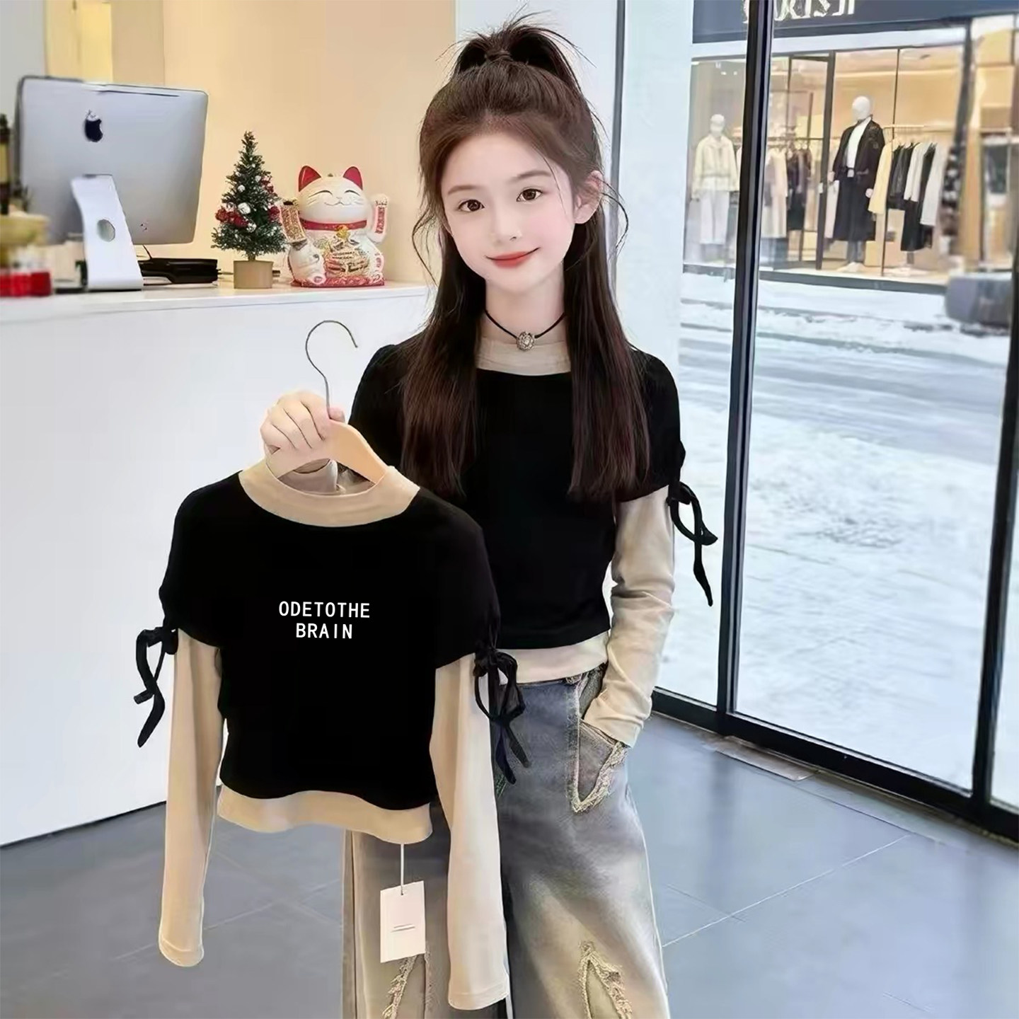 女大童假两件长袖t恤春季薄款图片