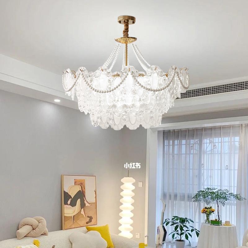 直销新款玻璃贝壳法式珍珠水晶卧室吊灯轻奢网红全铜奶油风灯具餐