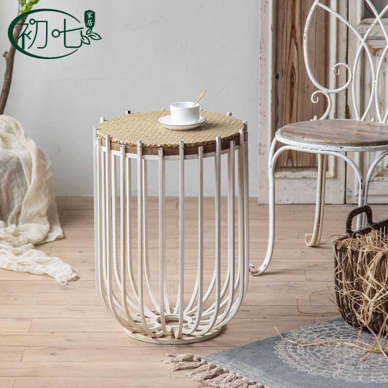 新款直销美式复古做旧圆几铁艺竹编桌面咖啡厅小茶几家居沙发边几