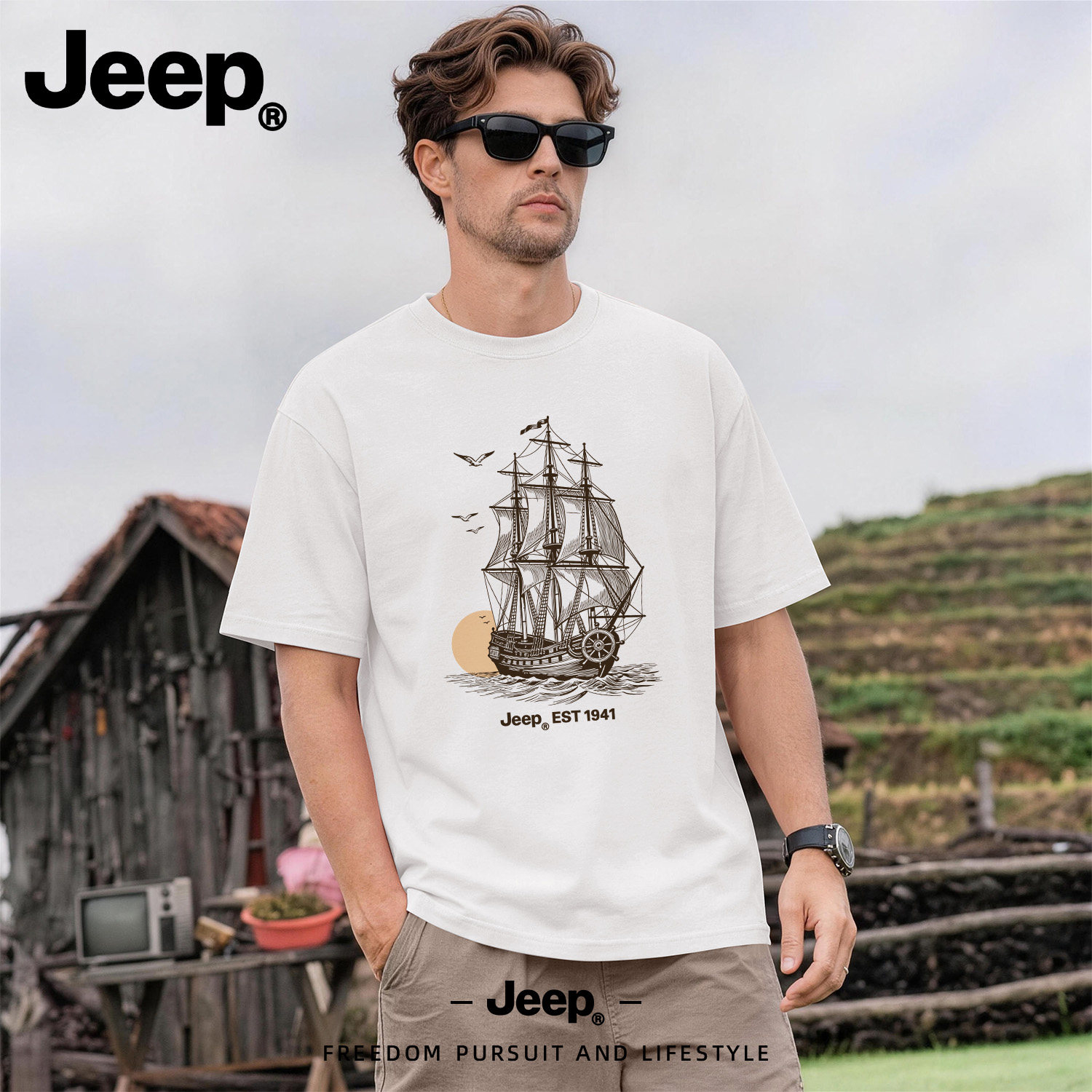 Jeep吉普纯棉短袖T恤男美式
