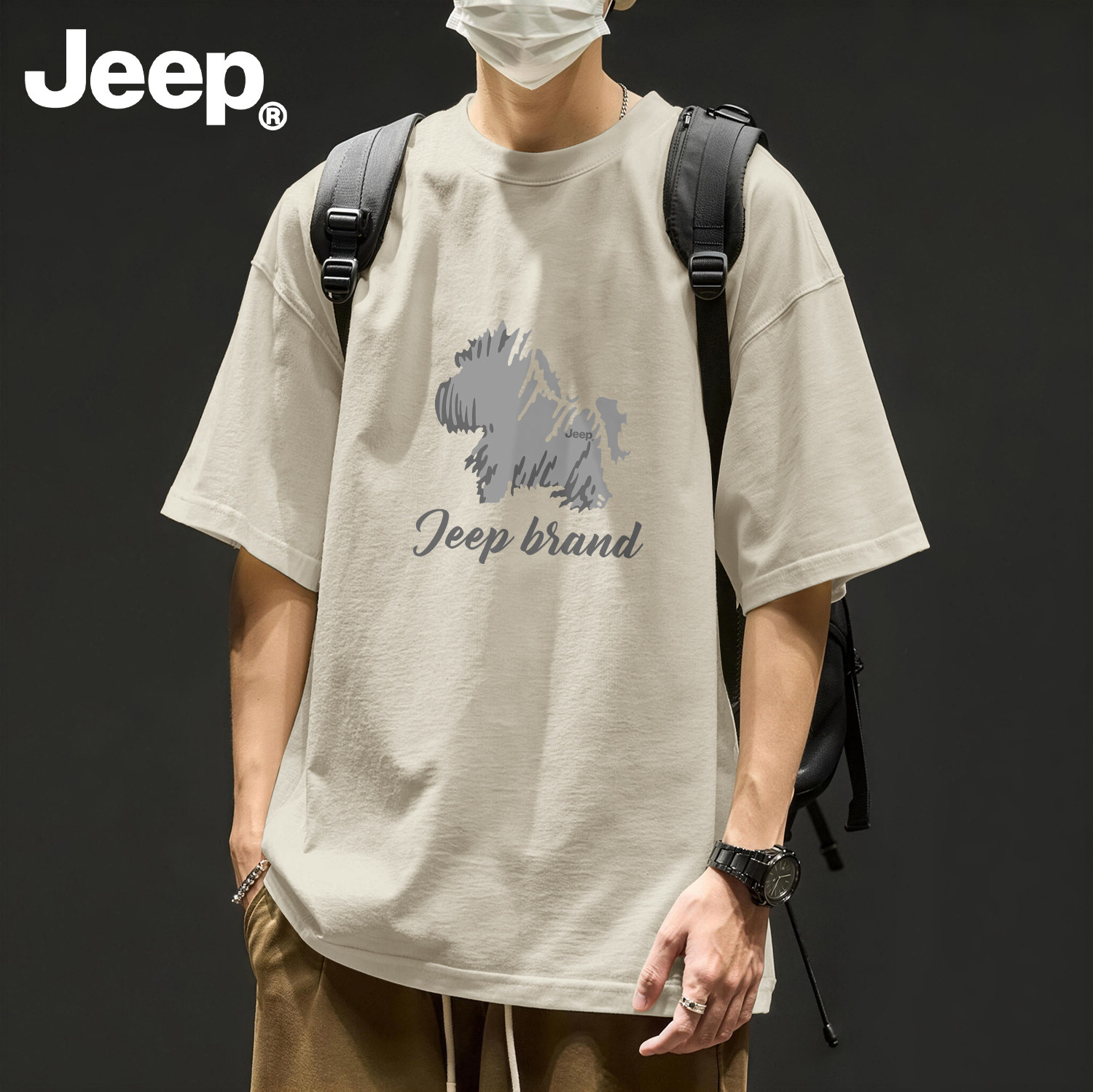 Jeep纯棉透气短袖t恤男士夏季新款男装青少年五分袖美式潮流上衣