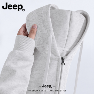 Jeep吉普灰色开衫卫衣拉链外套男款秋冬潮牌美式重磅连帽宽松帽衫