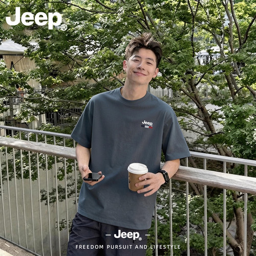 Jeep吉普短袖t恤男士纯棉美式夏季五分袖青少年舒适透气半袖上衣