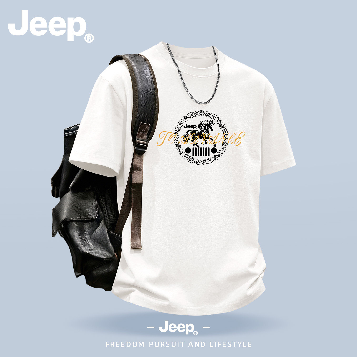 Jeep吉普白色宽松上衣服纯棉短袖T恤百搭五分袖潮流舒适高端品牌