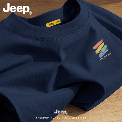 Jeep纯棉短袖t恤男2026新款夏季高级衣服宽松体恤休闲青少年男装