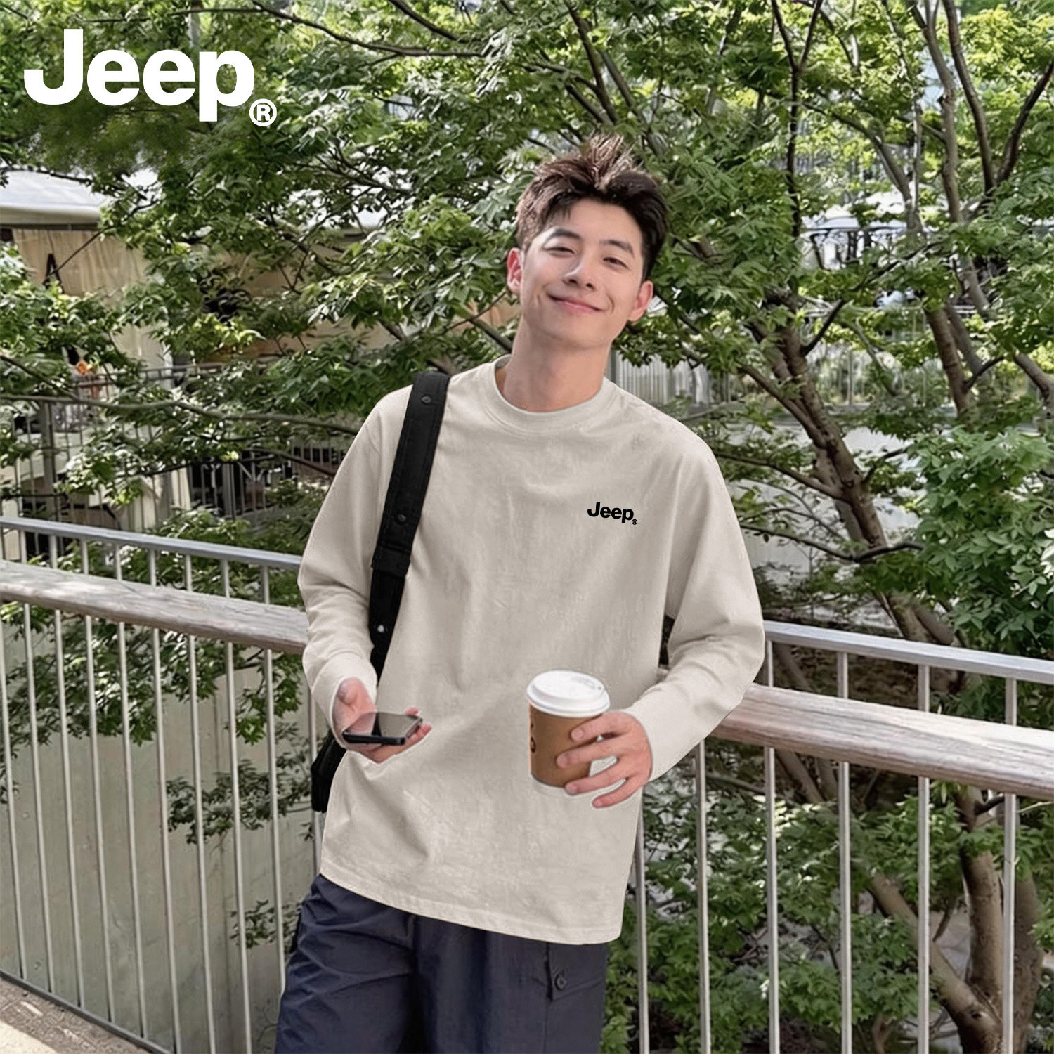 Jeep吉普男士纯棉长袖t恤春秋新款圆领上衣美式简约潮流透气衣服