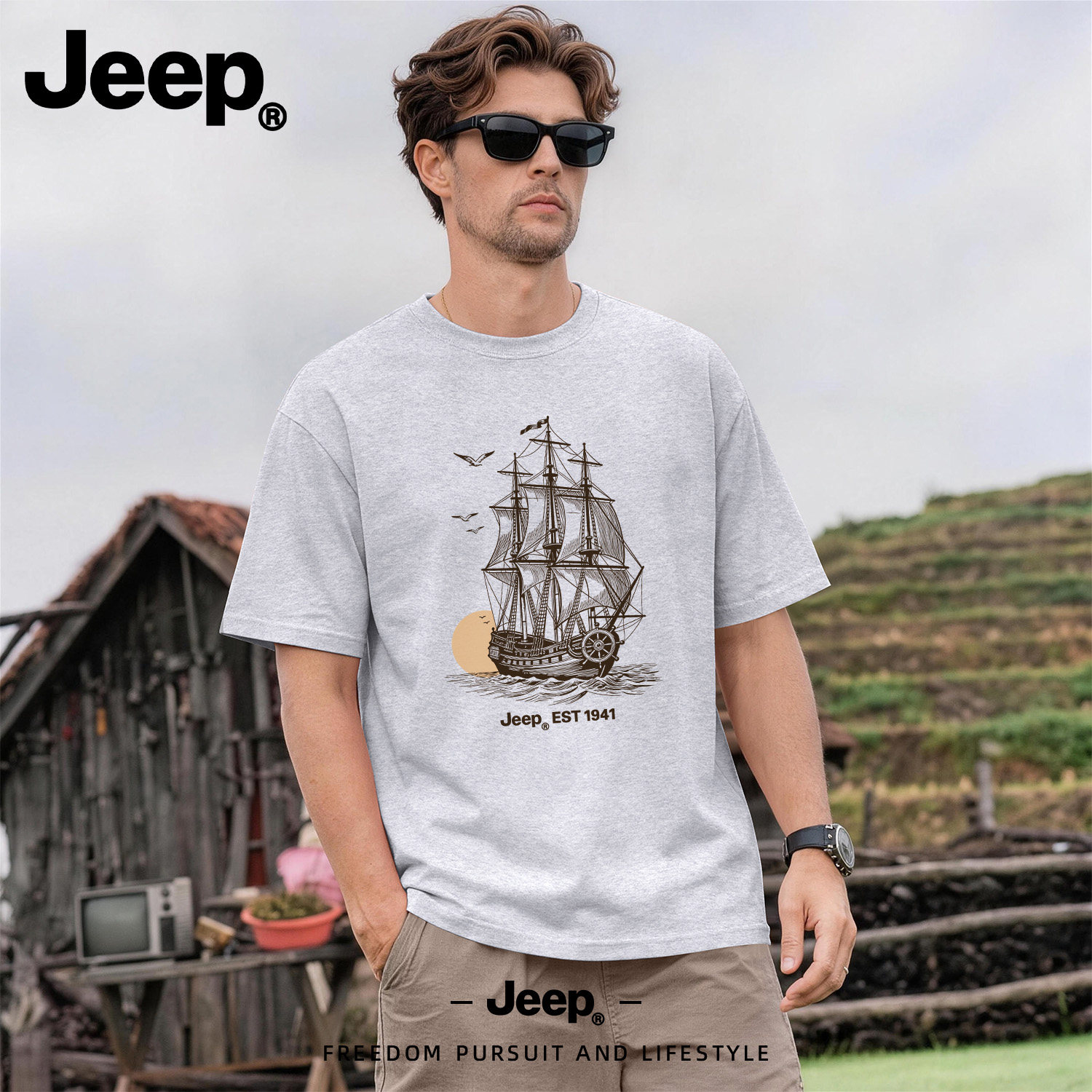 Jeep吉普纯棉短袖T恤男美式