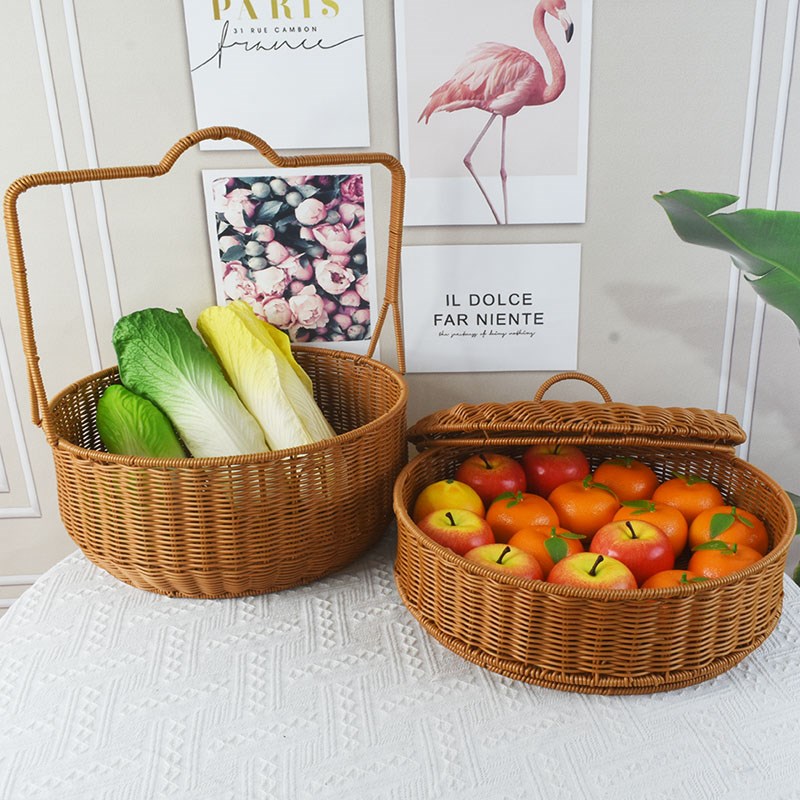 仿藤手工编织拜拜篮圆形户外储物提篮野餐篮收纳筐带盖双层篮子