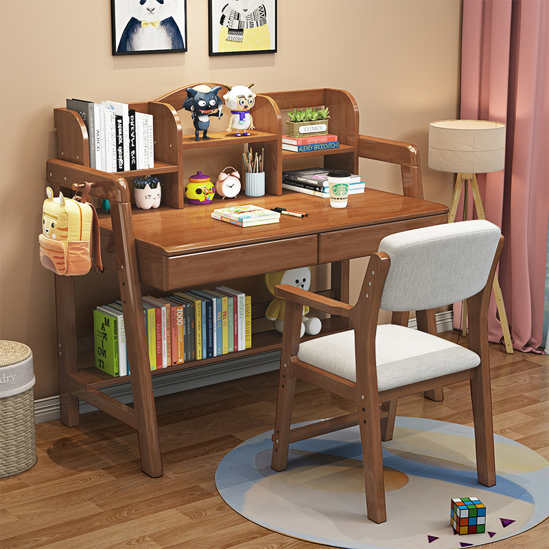 儿童学习桌椅套装小学生可升降写字桌男女孩家用卧室实木欧式书桌