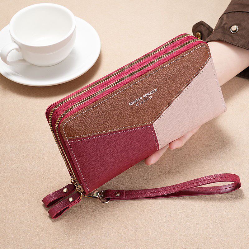 钱包女生长款2025新款手拿包拼接撞色大容量双层拉炼钱夹女士钱包