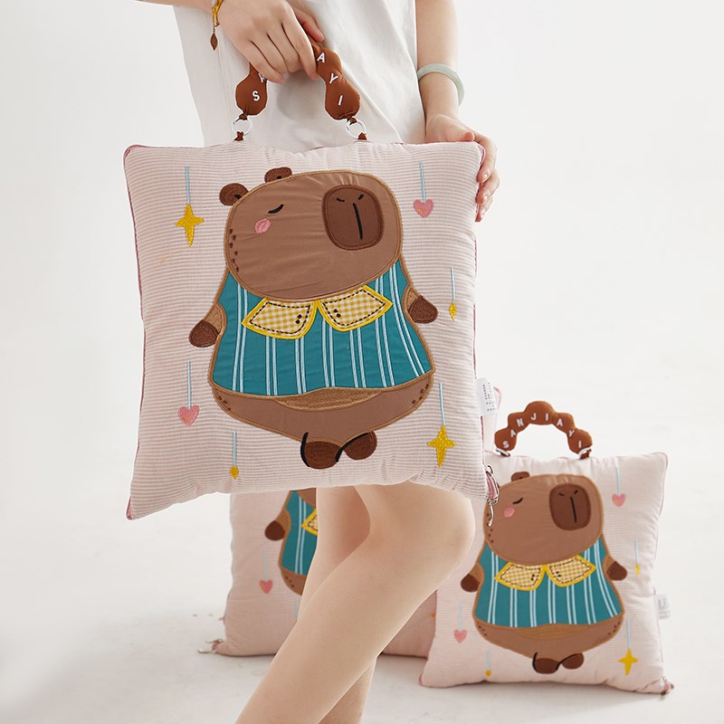 纯棉色织卡通抱枕被子两用二合一办公室午睡毯车载折叠午休全棉被