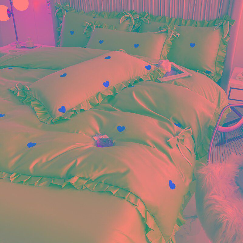 公主风红色结婚四件套全棉被套婚庆刺绣少女爱心喜被床上用品