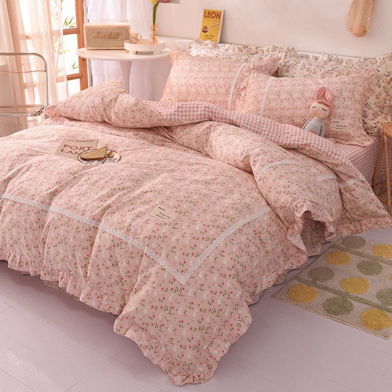 韩版田园小碎花四件套全棉少女心荷叶边被套小清新床上用品