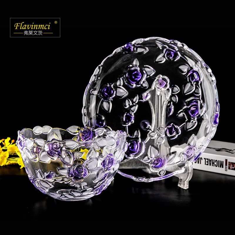 玫瑰玻璃果盘彩色大容量果盆托盘杯盘家用客厅干果盘糖果盘水果盘