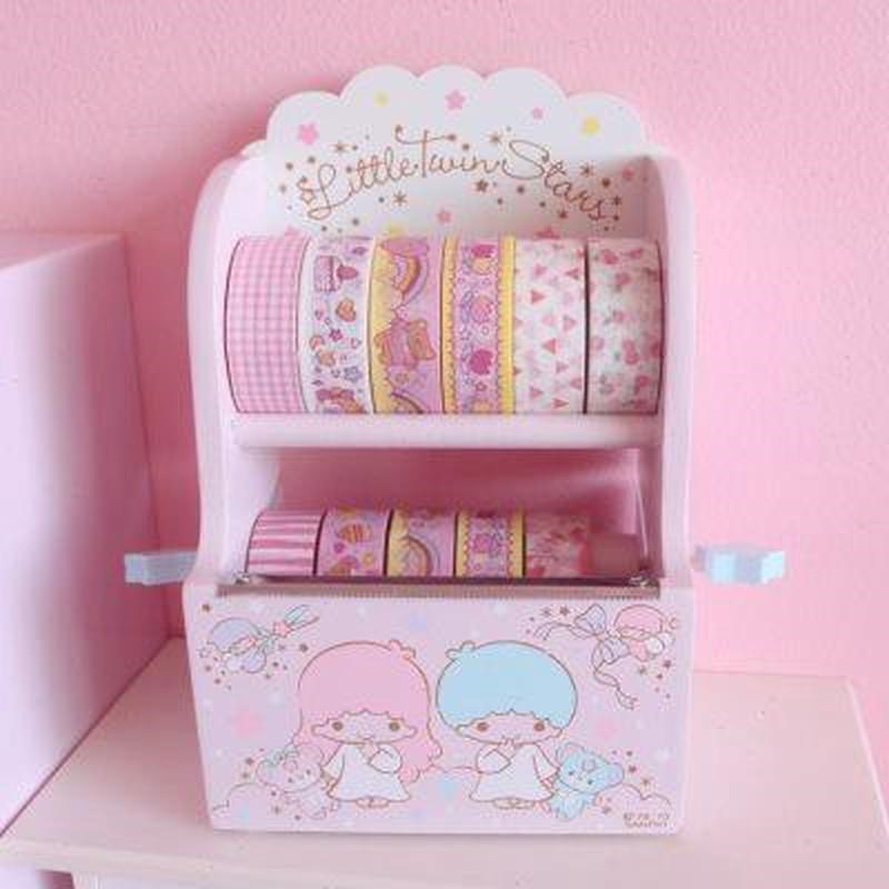 可爱卡通双子星木质胶带底座封箱切割器文具小号胶带架桌面展示架