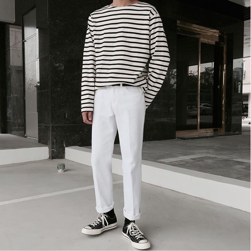 秋季黑白条纹t恤男打底长袖ins港风宽松个性韩版潮流圆领纯棉薄款