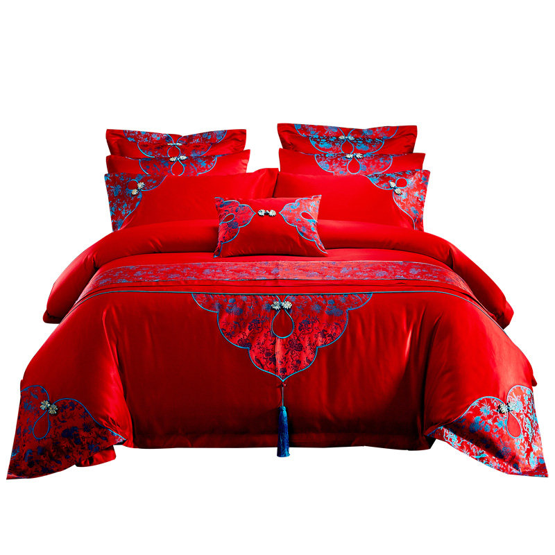 新婚庆四件套大红全棉刺绣结婚房床上用品六十件套喜婚被龙凤床品