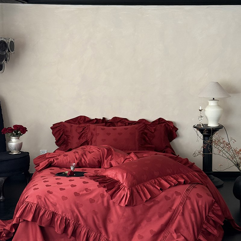 公主风爱心提花全棉长绒棉四件套花边酒红色被套纯棉床单结婚床品