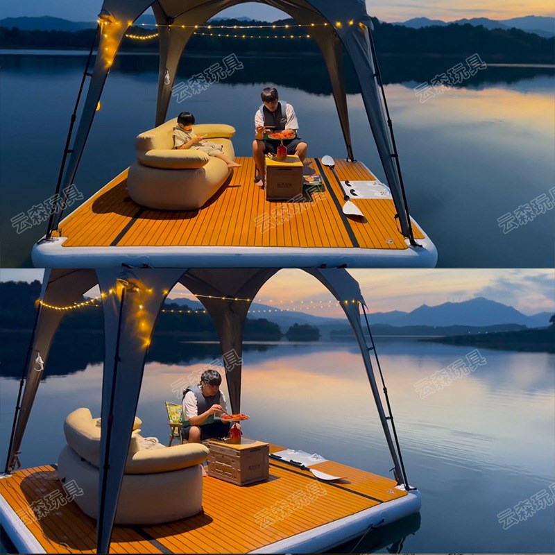 新款水上露营帐篷遮阳棚充气浮台海上浮排漂浮垫魔毯浮床户外钓鱼