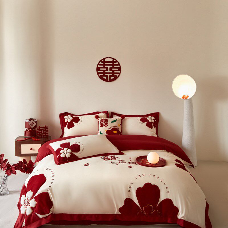 中式婚庆四件套大红色床单被罩全棉结婚陪嫁婚房床上用品