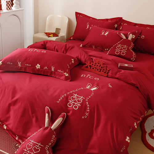 100支婚庆纯棉四件套刺绣红色被套全棉中式结婚床单婚嫁床上用品