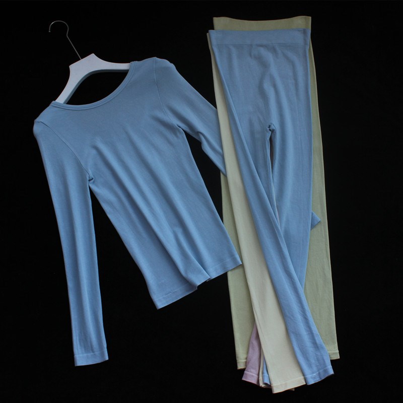 保暖内衣女薄款套装发热秋衣秋裤紧身美体低领大领口打底内搭秋冬