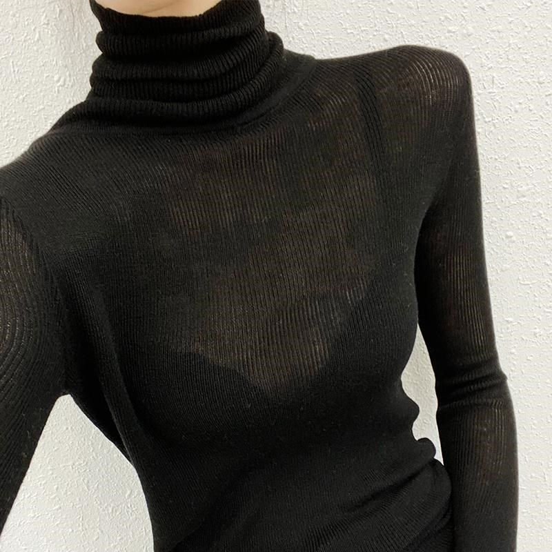 藏蓝色高领羊毛针织衫堆堆领打底衫女高级感毛衣内搭秋冬可外穿薄