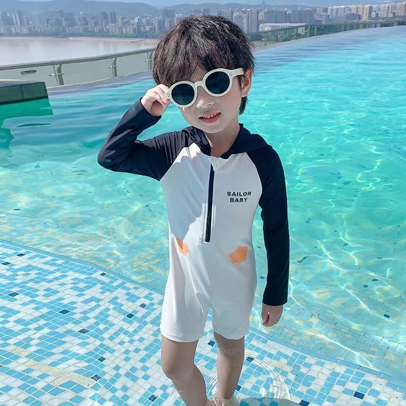 男童泳衣裤夏季新款男孩宝宝洋气儿童连帽网红时尚夏装连体游泳装