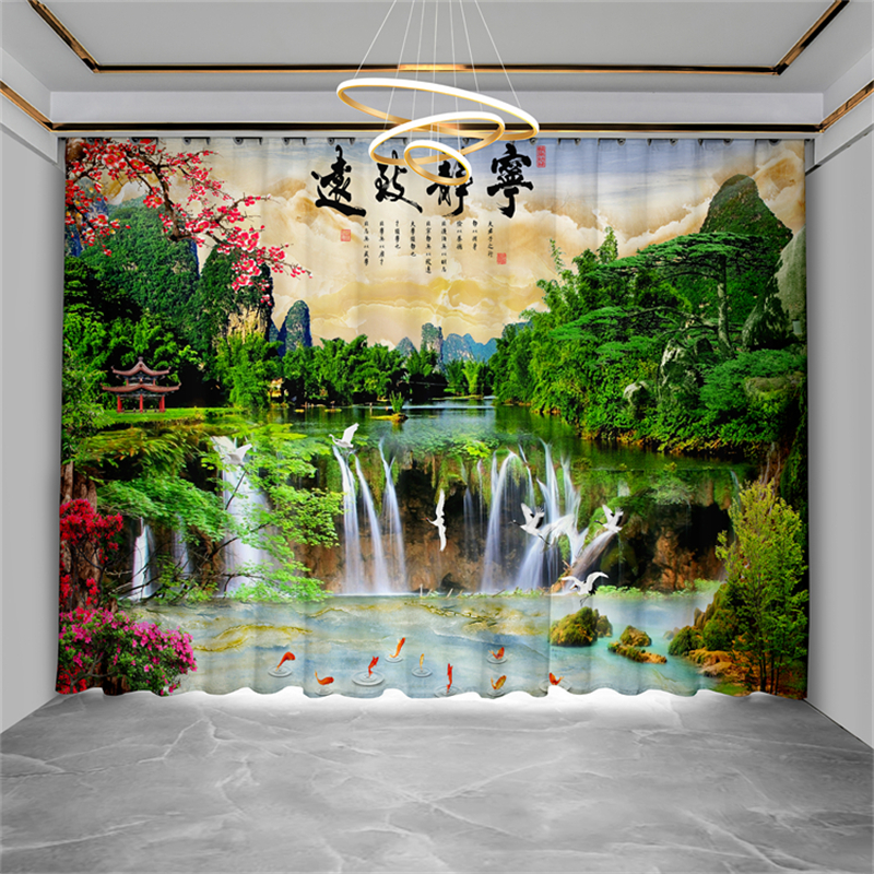 新中式窗帘遮光山水风景画古风茶室客厅窗纱2023新款中式风格纱帘