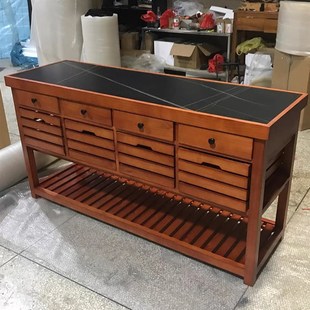 美式乡村中岛台实木料理台开放式餐边柜复古厨房家用操作台餐桌柜