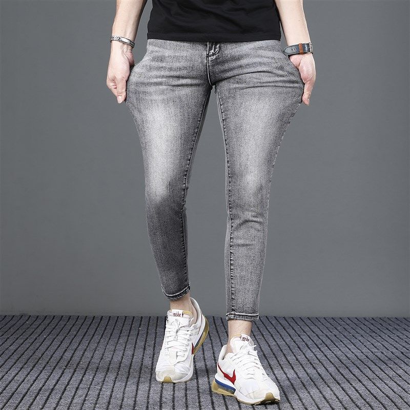 高端烟灰色九分牛仔裤男夏季薄款修身小脚2024新款弹力休闲9分裤