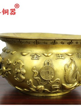 宇卓铜器 纯铜五路财神聚宝盆五路财神聚宝盆 工艺品摆件