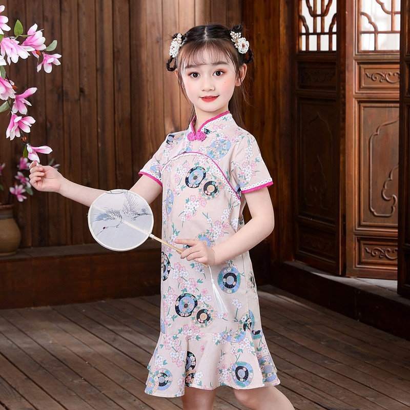 女童旗袍连衣裙新夏装洋气中大儿童小女孩汉服纯棉公主裙子学生