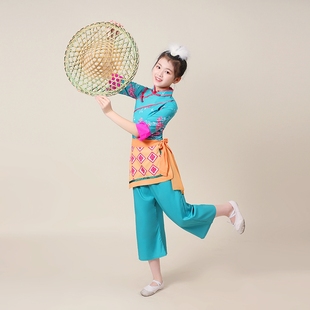 少儿古典舞舞蹈演出服中国舞 女儿童 飘逸农家女采茶舞斗笠舞服装