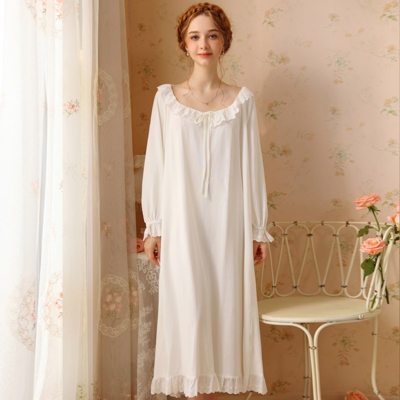 法式长袖宫廷风睡衣女秋冬纯棉睡裙春秋粉色女款公主风家居服长款