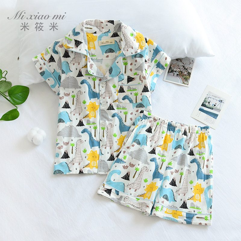 米筱米儿童夏季薄款纯棉短袖短裤恐龙男童睡衣宝宝卡通针织家居服
