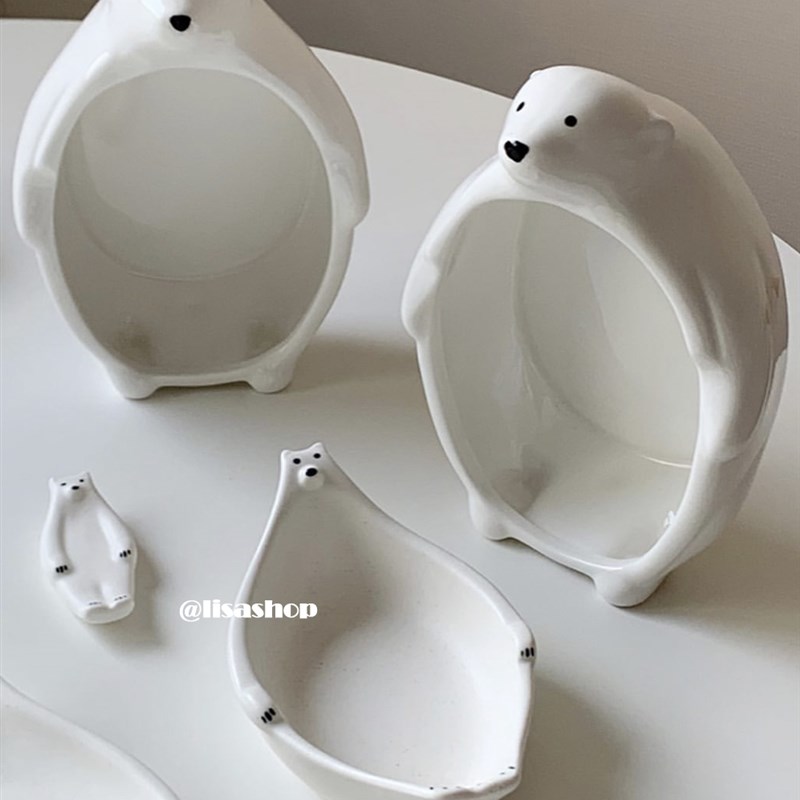 lisashop日式北极熊盘水果沙拉碗可爱儿童碗家用菜盘餐盘陶瓷汤碗
